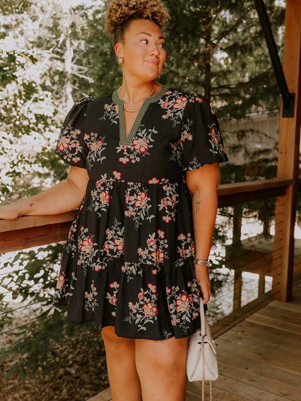 entro Black Floral V-Neck Tiered Mini Dress with Green Trim
